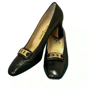 Salvatore Ferragamo Womens 10 heels Black Leather Croc Emboss Shoes gold buckle